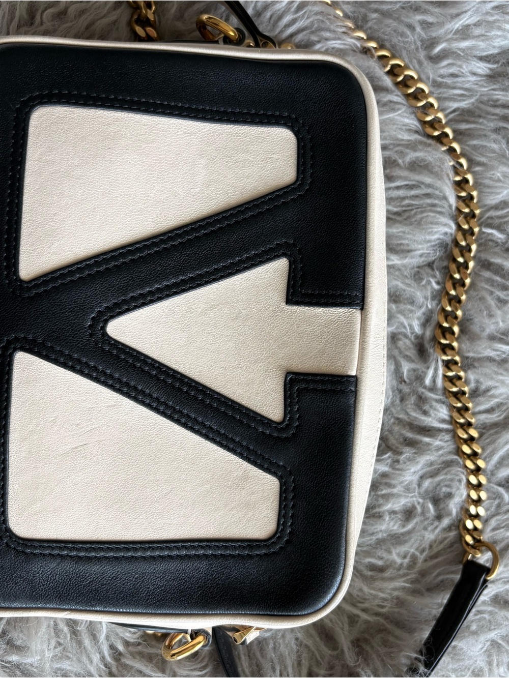 Valentino Garavani Black & Cream Leather Crossbody with Gold Chain